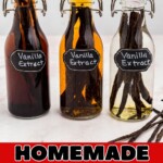 Three bottles of vanilla in different stages of sitting with pods.