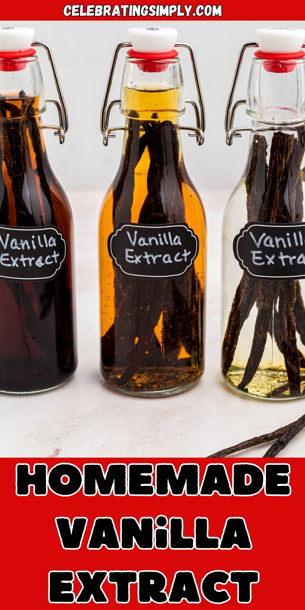 Three bottles of vanilla in different stages of sitting with pods.