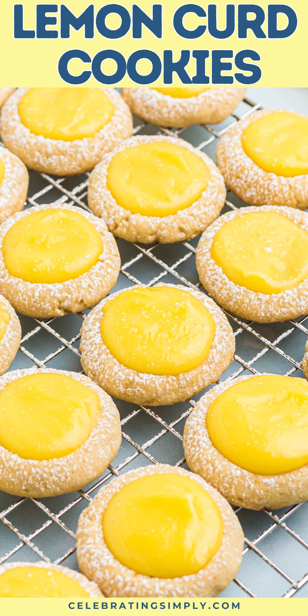 Lemon curd cookies on a wire cooling rack, after being filled with lemon curd.