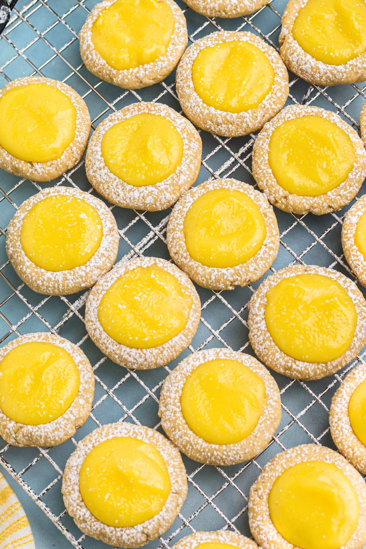 Lemon curd cookies on a wire cooling rack, after being filled with lemon curd.