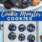 Bright blue cookie monster cookies filled with crushed cookies, chocolate and white chocolate chips and on the baking sheet.