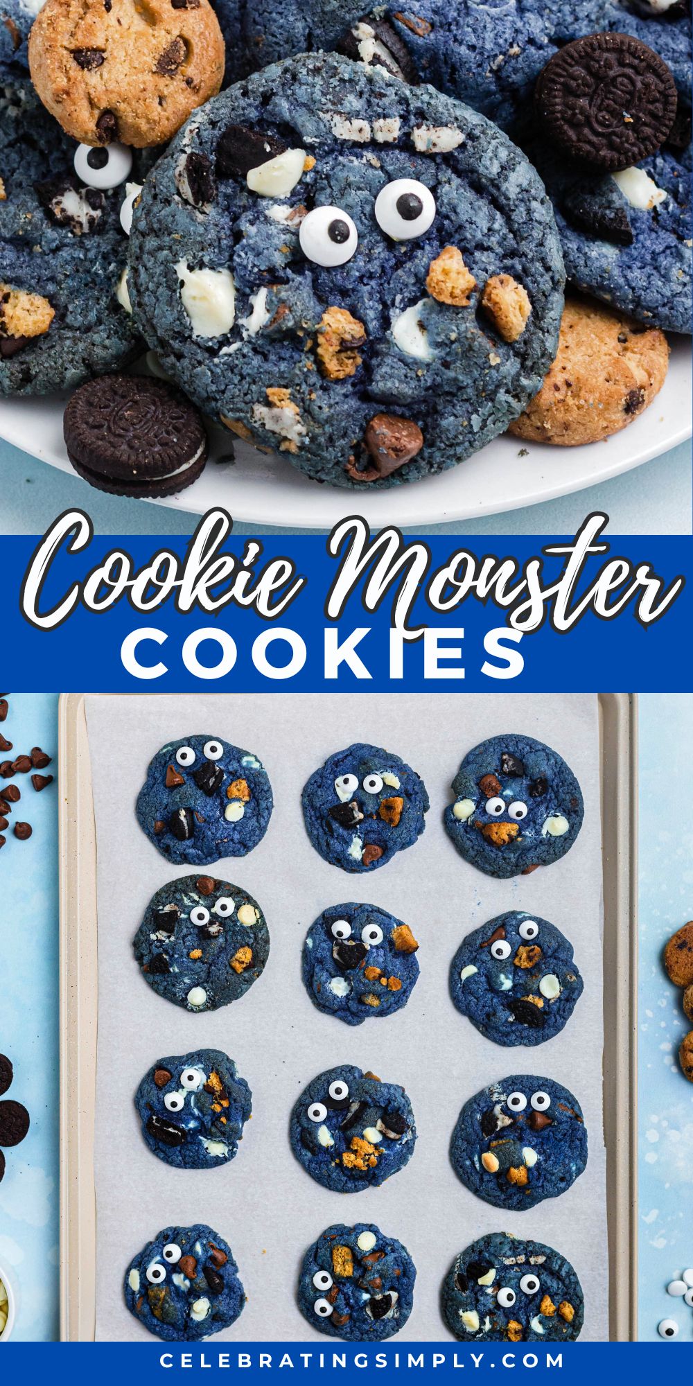 Bright blue cookie monster cookies filled with crushed cookies, chocolate and white chocolate chips and on the baking sheet.