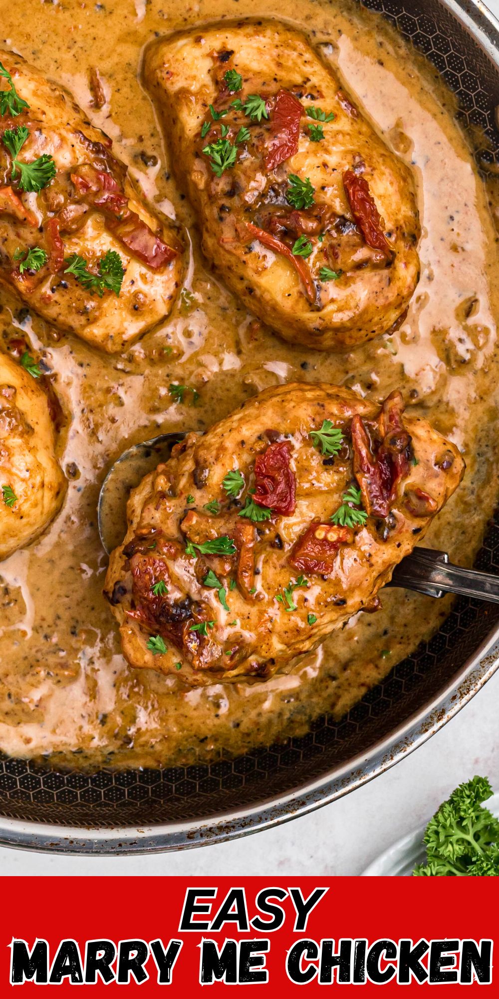 Creamy chicken in a large skillet with a spoon lifting a piece out of skillet.