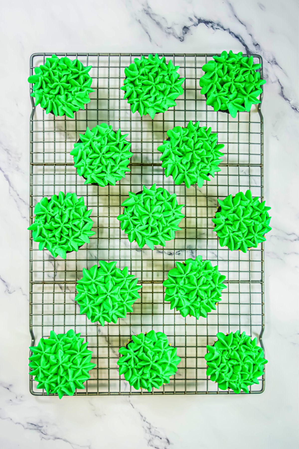 Chocolate cupcakes decorated with green frosting. 