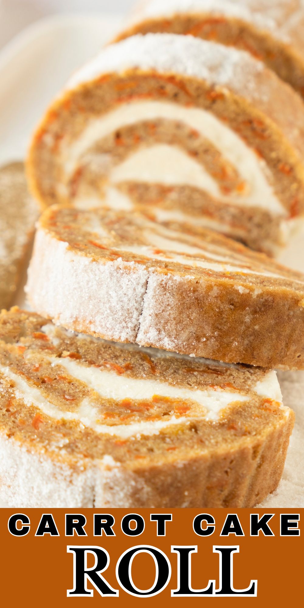 Golden moist carrot cake roll with carrot cake filled with cream cheese filling.