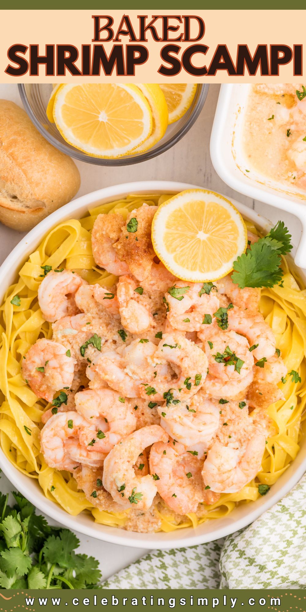 Buttery shrimp scampi in a serving dish, topped with parsley and lemon slices.
