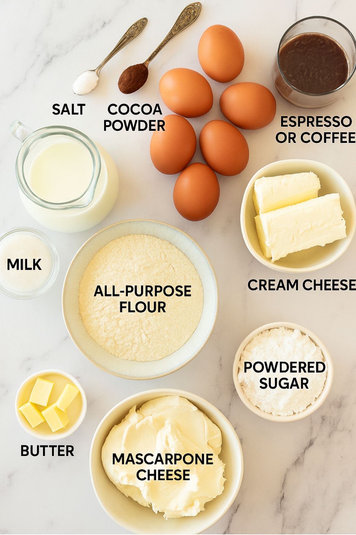 Ingredients needed to make crepe cake measured into small dishes on a white marble table. 