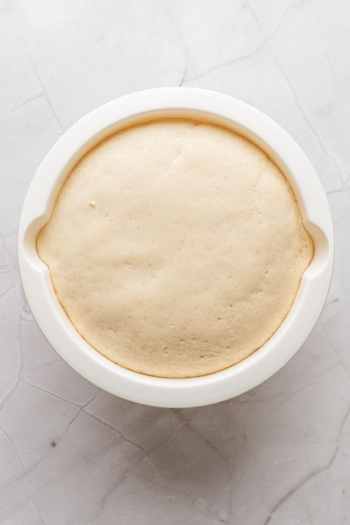 Bread dough in a white bowl, after it has doubled in size. 
