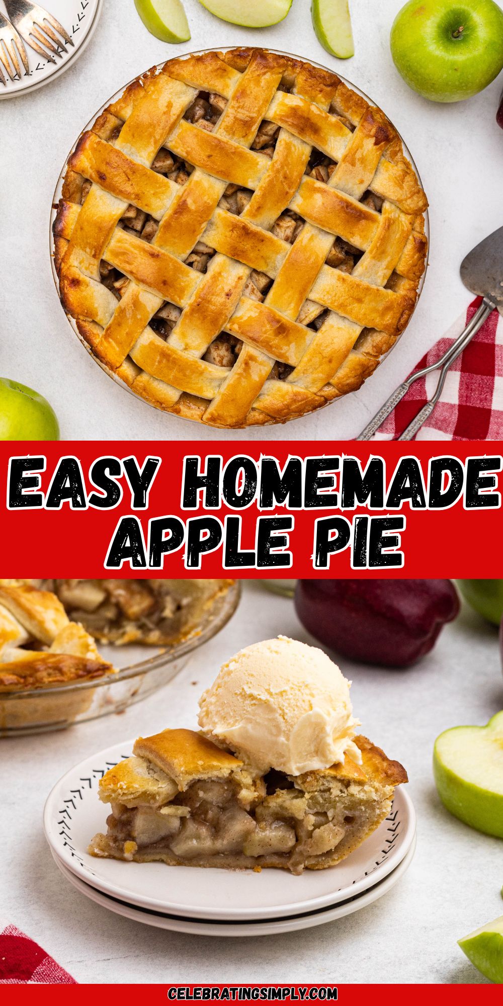 Golden crust, baked apple pie, on a white marble table, with slices of green apple, and a small plate with forks, next the whole pie and with a slice of pie topped with vanilla ice cream.