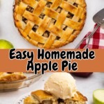 Golden crust, baked apple pie, on a white marble table, with slices of green apple, and a small plate with forks, next the whole pie and with a slice of pie topped with vanilla ice cream.