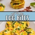 Bright yellow egg bites with red and green chopped bell peppers baked inside, on a round cream plate.