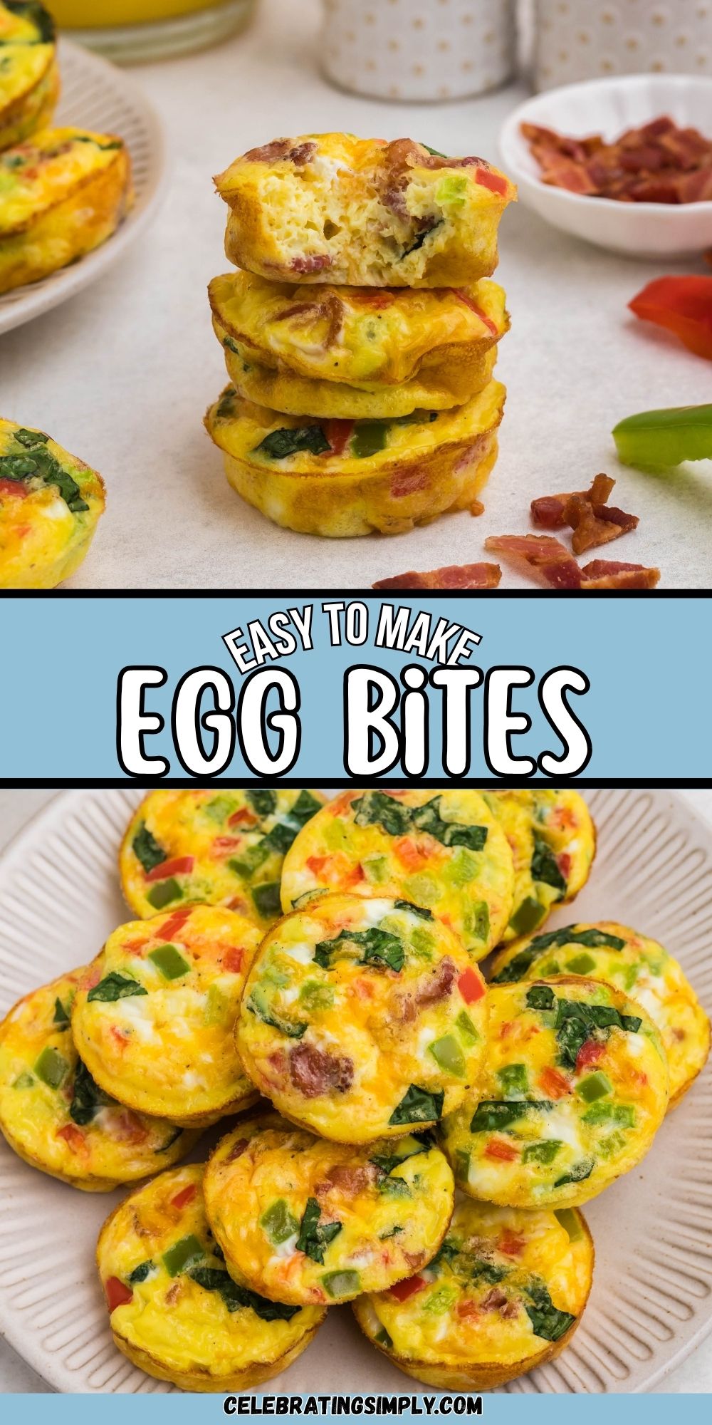 Bright yellow egg bites with red and green chopped bell peppers baked inside, on a round cream plate.