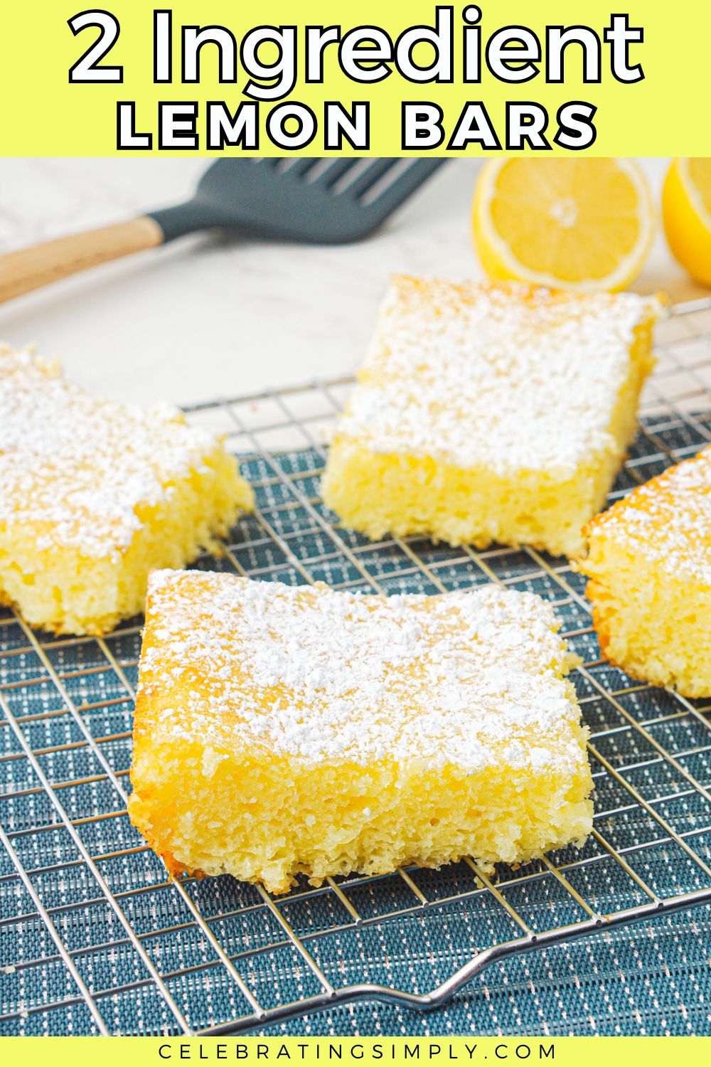 Bright lemon bars on a cooling rack, dusted with powdered sugar.