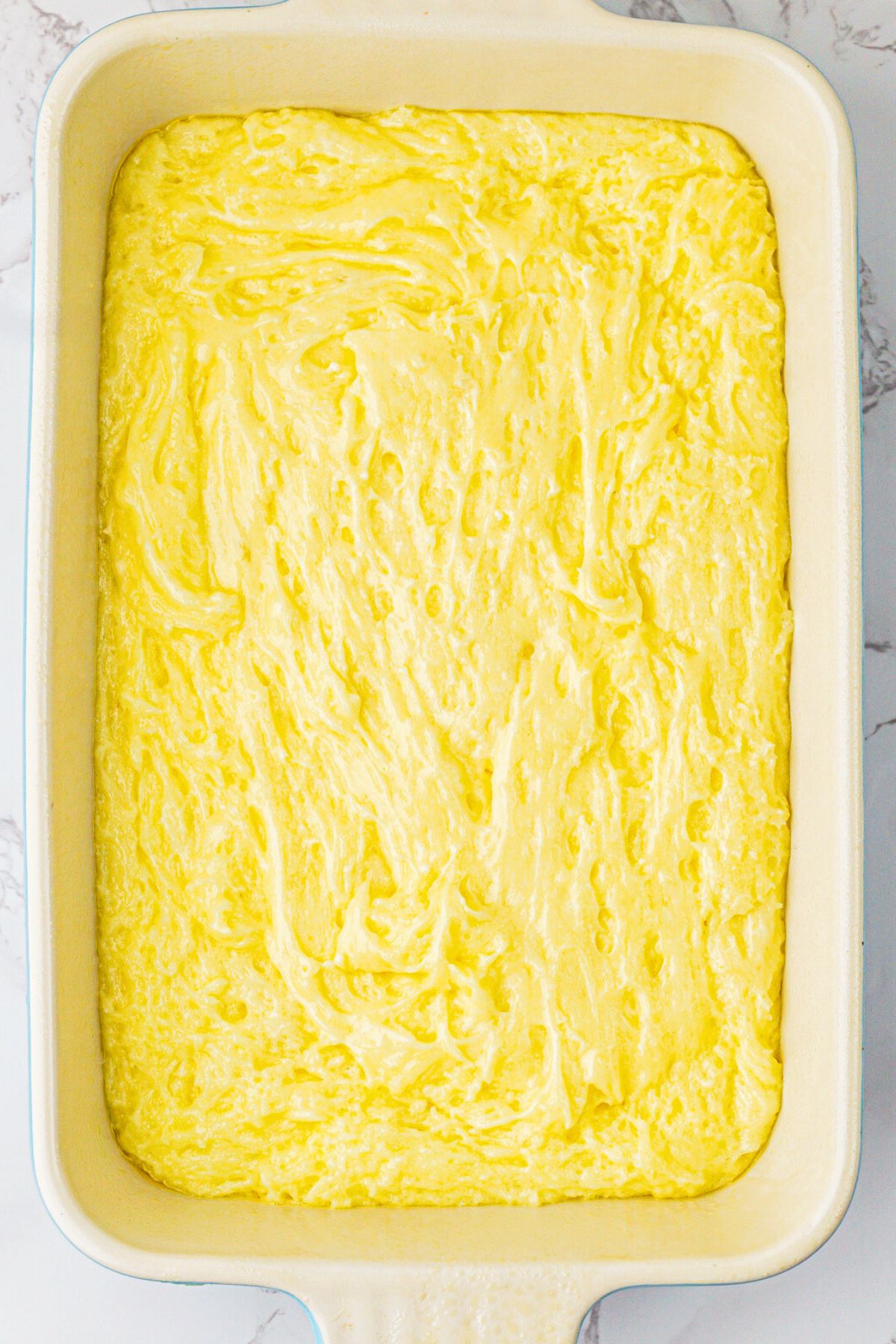 9x13 baking dish with batter mixed and spread into dish. 