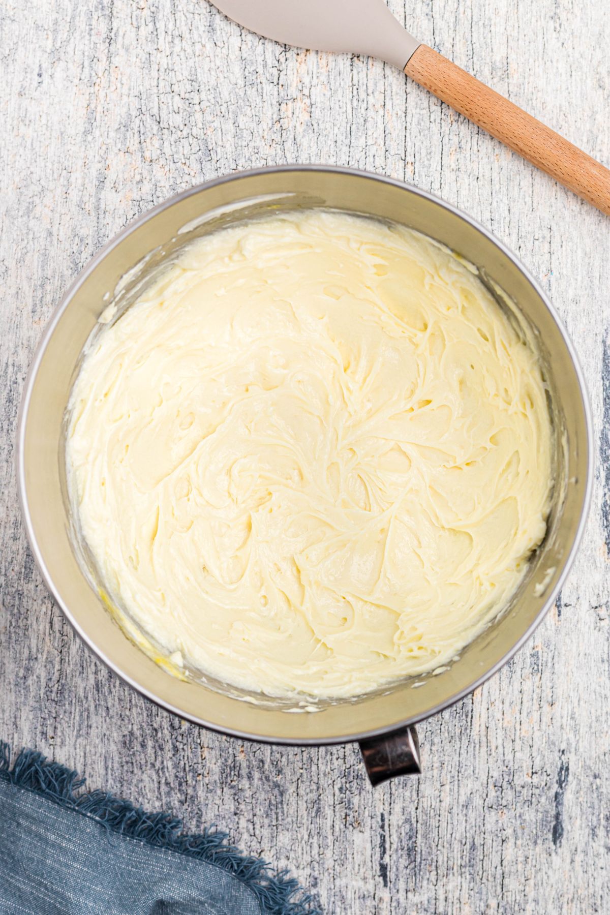 Cream cheese and sugar mixture in a large mixing bowl. 