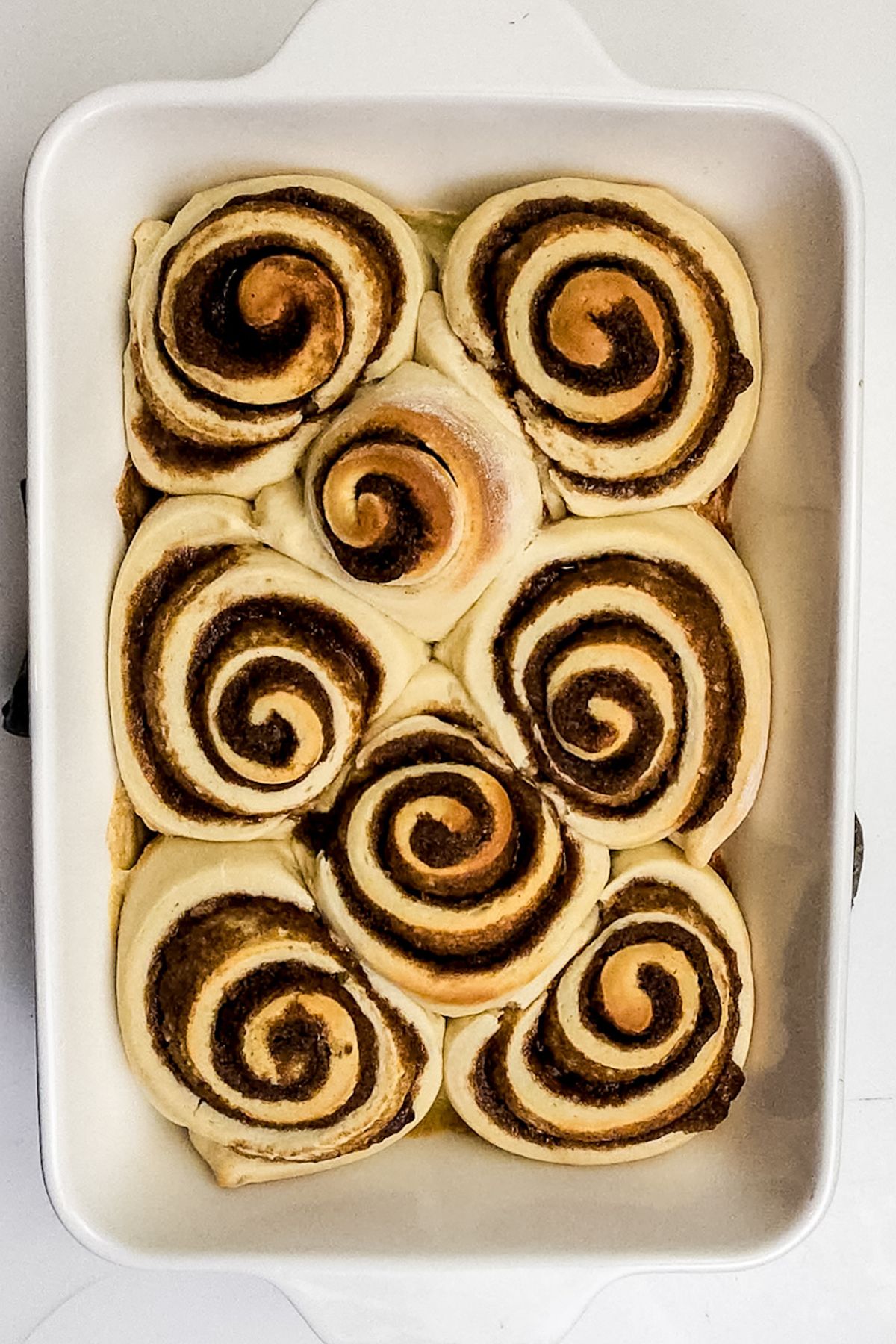 Cinnamon rolls in a white baking dish, after being baked and before being frosted.