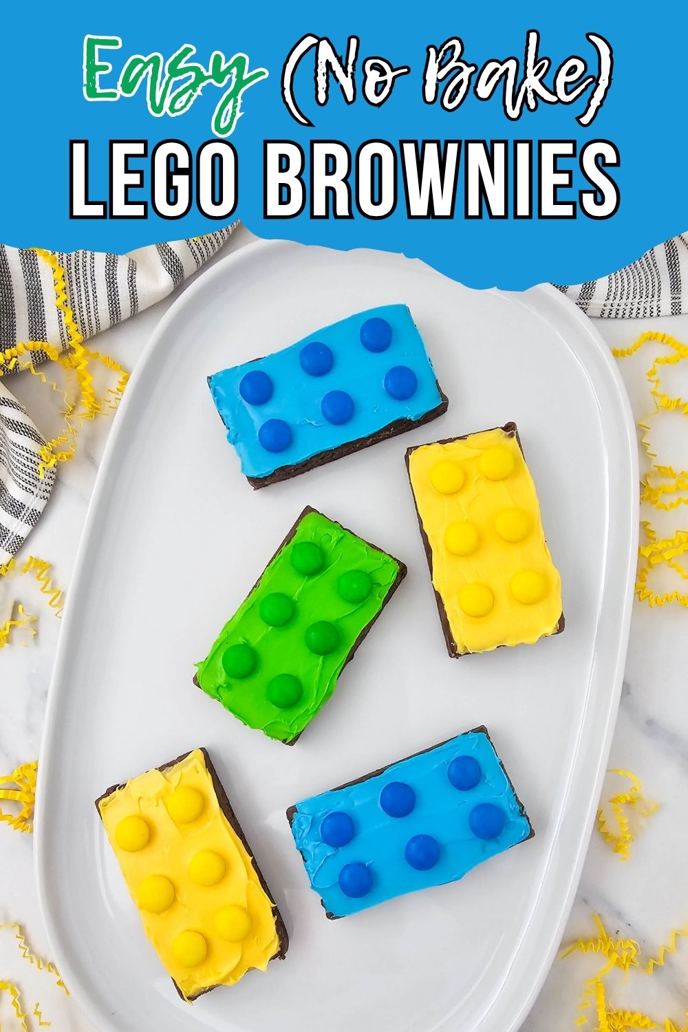 Bright and colorful brownies, frosted and topped with matching candies.