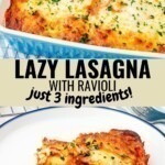 Baked casserole dish filled with layers of ravioli, cheese, and sauce, after it's been baked and a slice on a white plate.