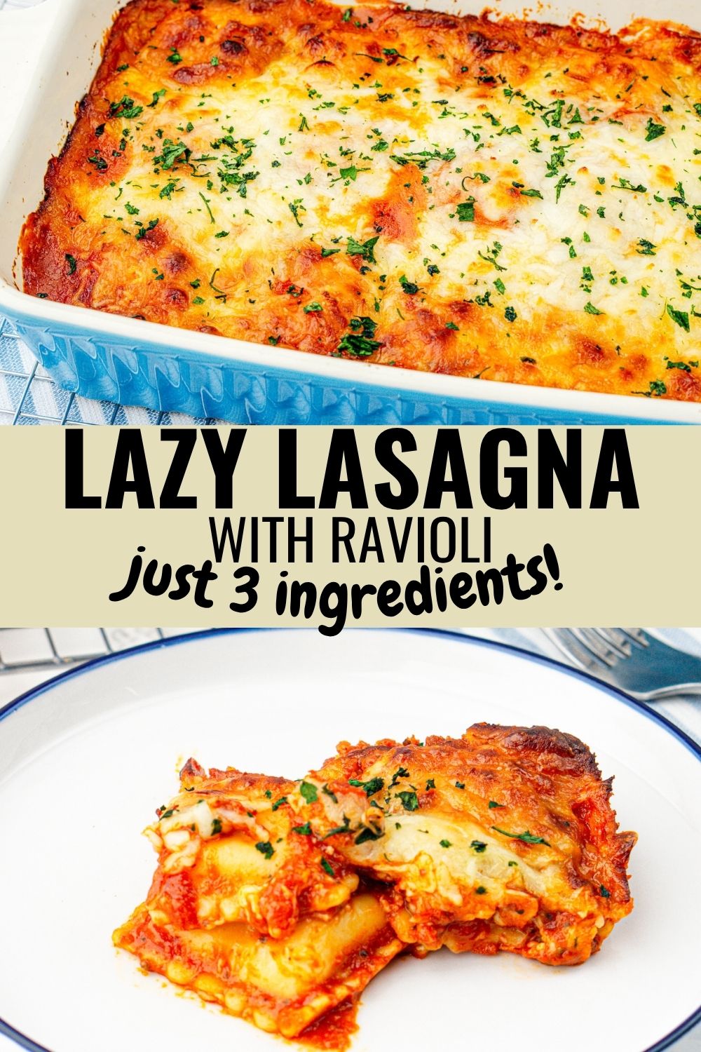 Baked casserole dish filled with layers of ravioli, cheese, and sauce, after it's been baked and a slice on a white plate.