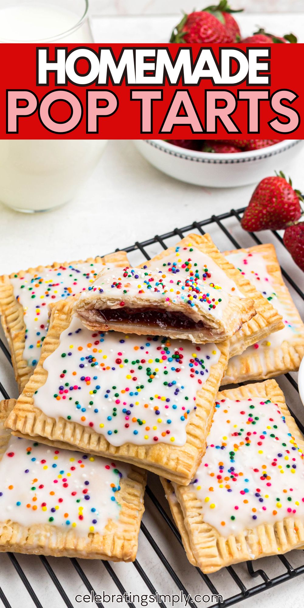 Golden baked stuffed pastries on a small white plate, with fresh strawberries and sprinkles on the table.