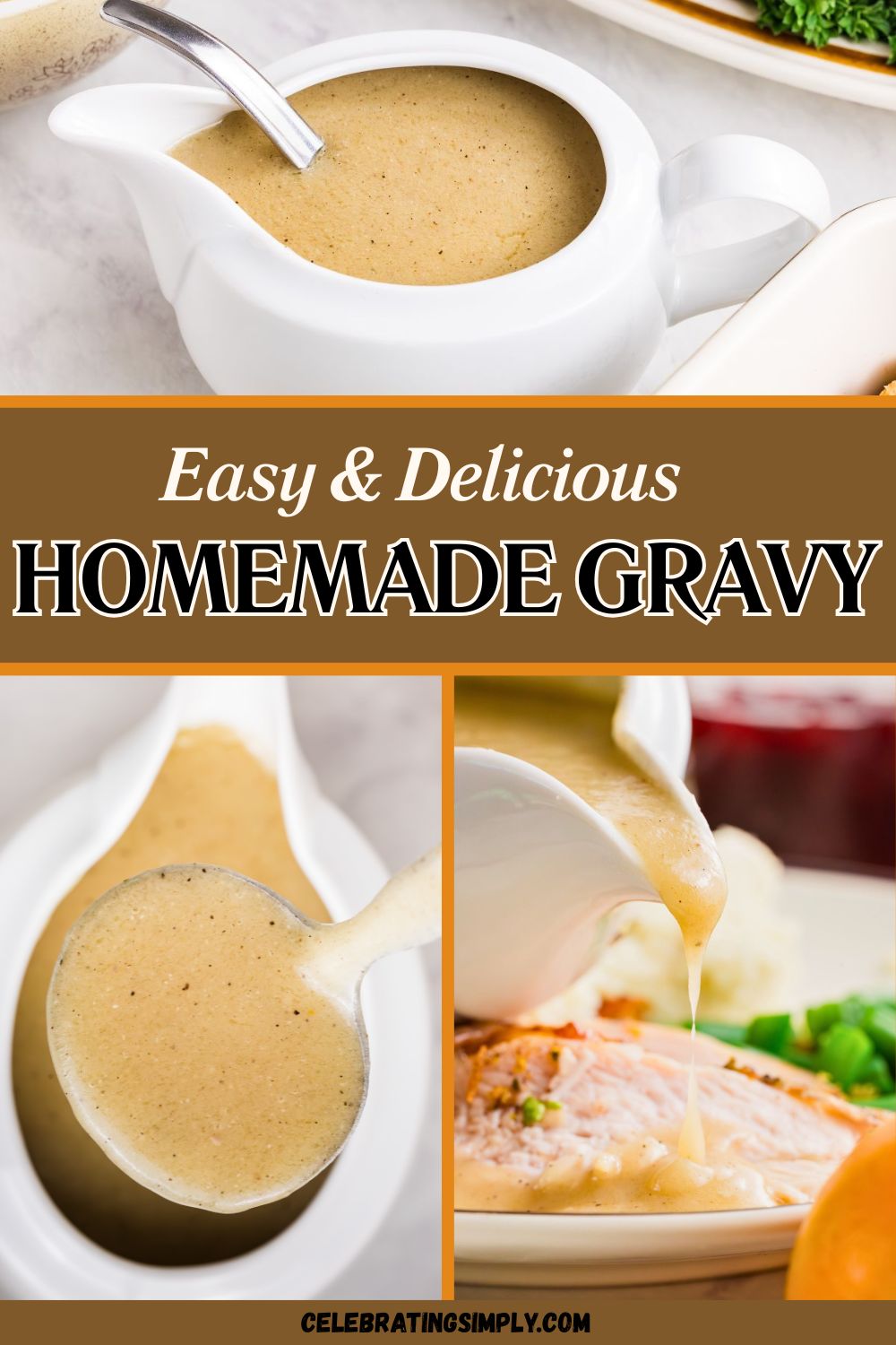 White gravy boat filled with creamy gravy, served with other holiday dishes, on a white marble table and being poured over slices of turkey.