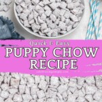 White bowl filled with powdered sugar coated cereal pieces, with blue linen and straws on the table, and spread out on a baking sheet.
