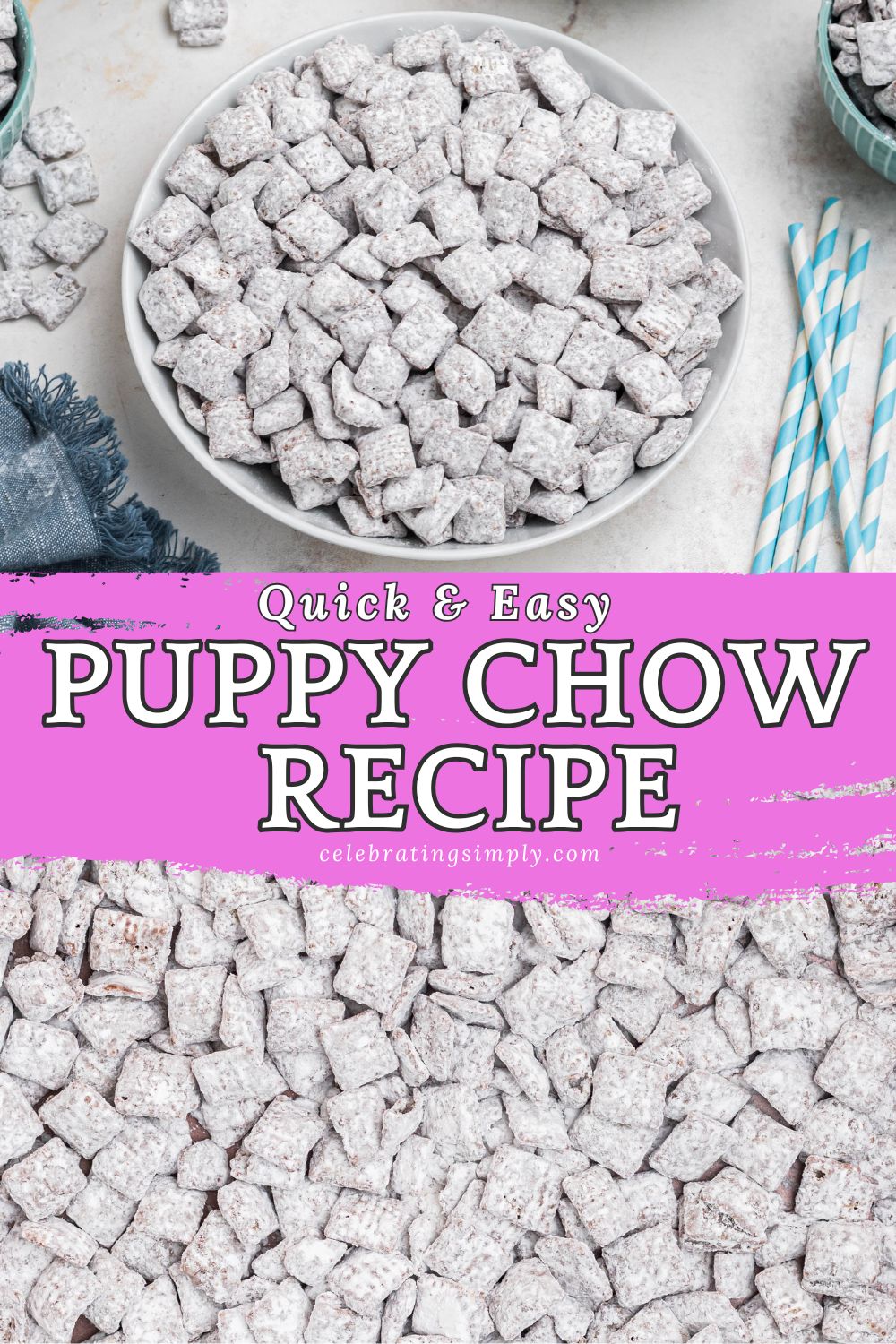 White bowl filled with powdered sugar coated cereal pieces, with blue linen and straws on the table, and spread out on a baking sheet.