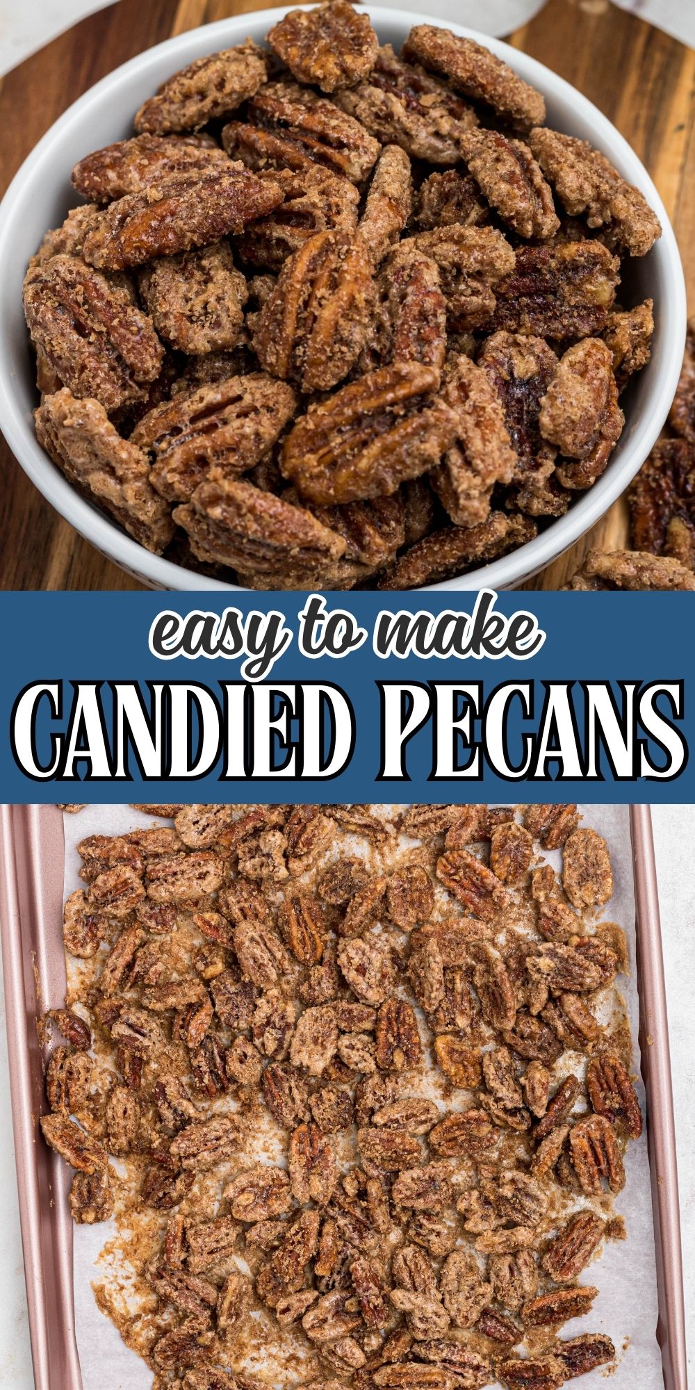 Sugar coated pecans in a white bowl with a small jar of sugar behind the bowl and in the baking sheet lined with parchment paper.