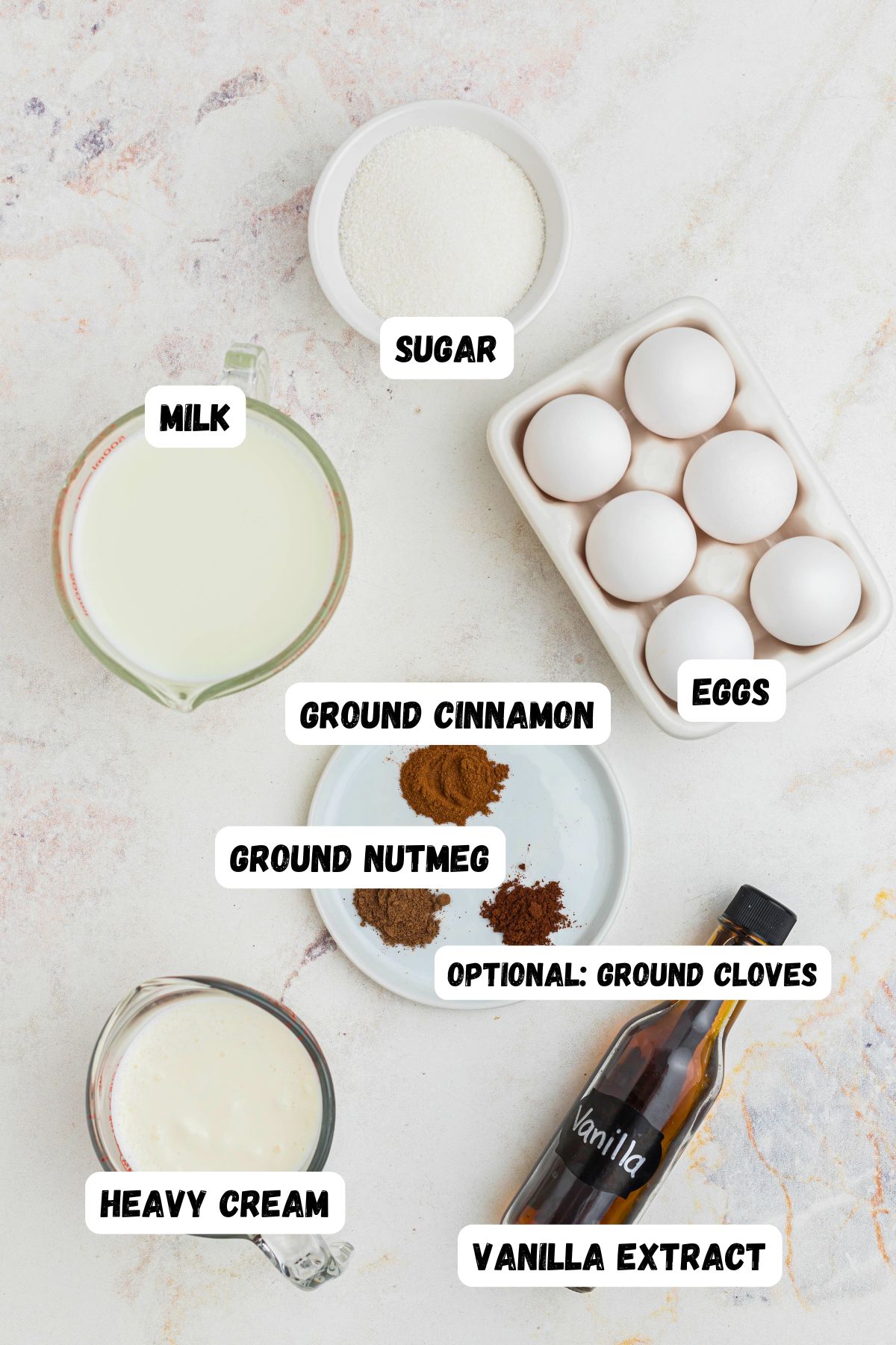 Ingredients needed to make eggnog measured into small containers, and labeled.