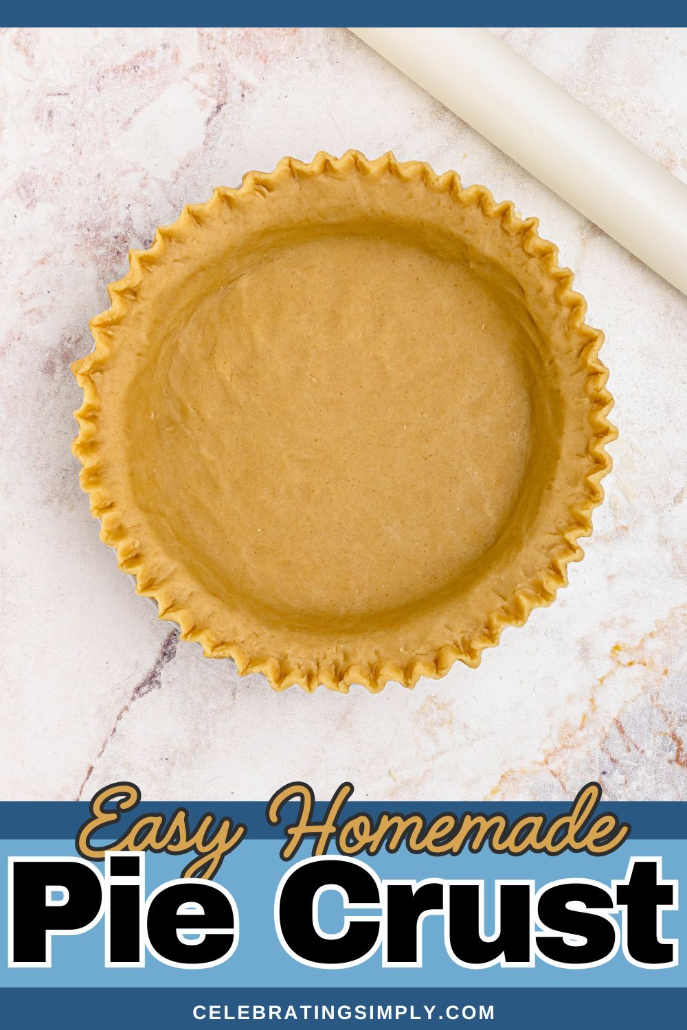 Golden pie crust, rolled into pie plate, with edges fluted.