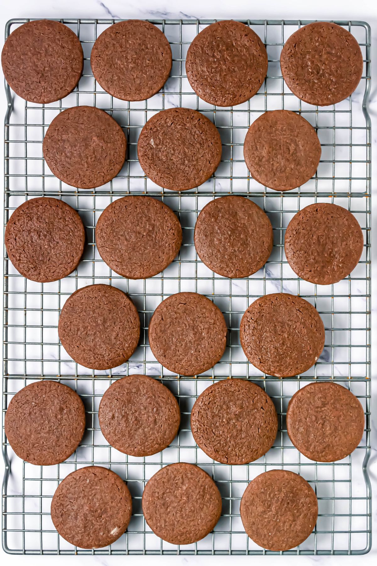 Chocolate cookies cooling on a wire rack.