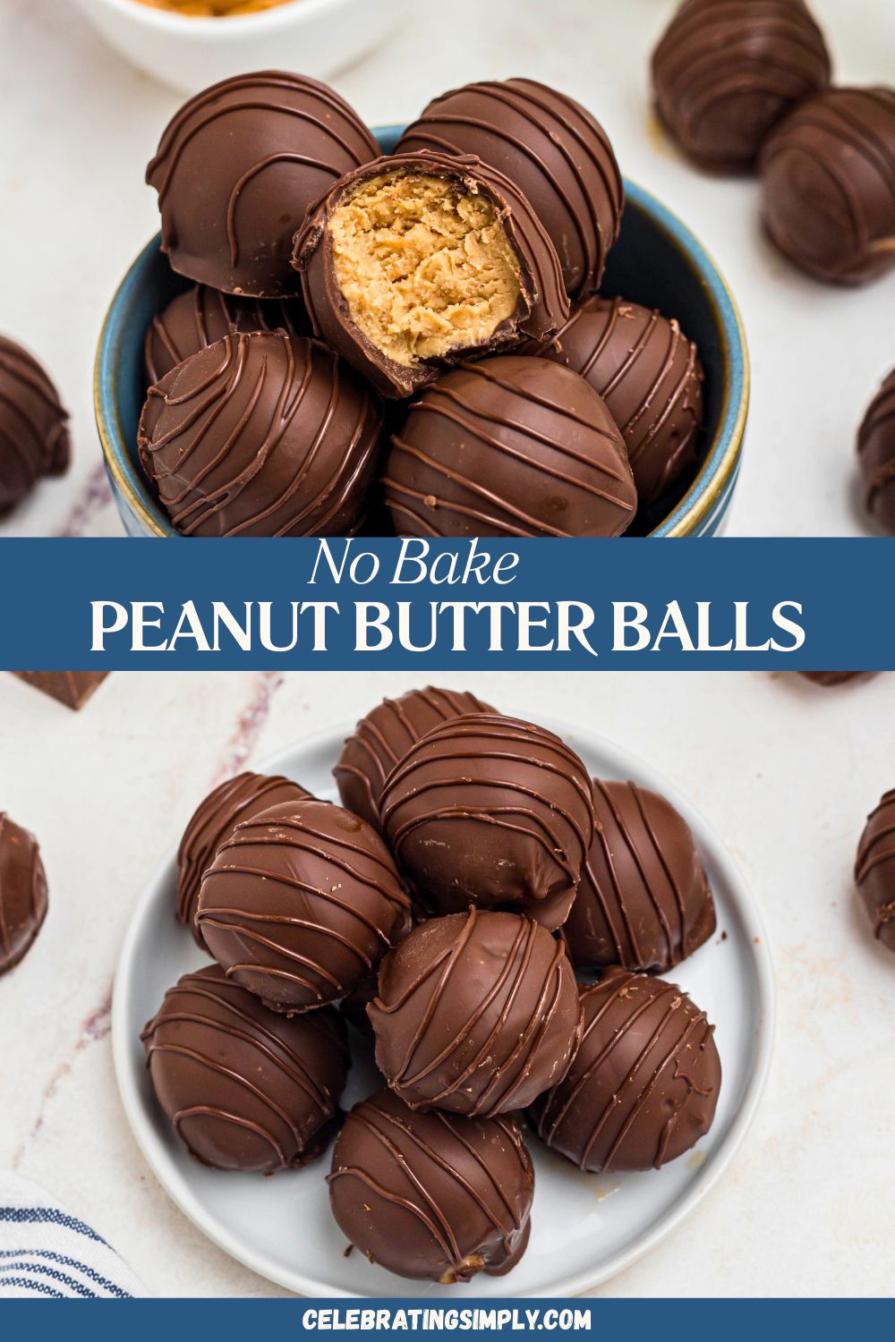 Chocolate covered peanut butter balls, stacked on a white plate, with the top piece missing a bite, next to a blue and white striped linen.