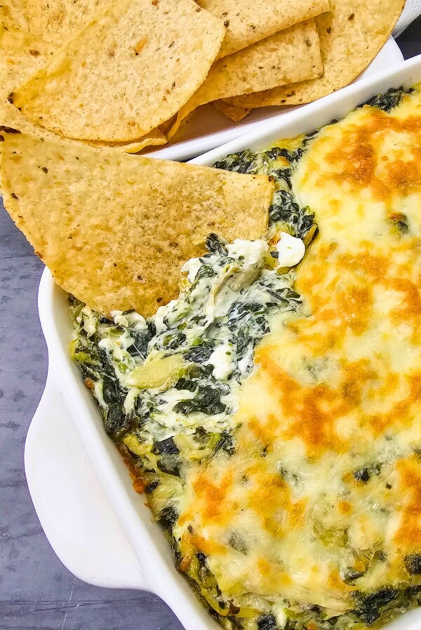 Creamy dip in a square dish with a tortilla chip dipping some out.