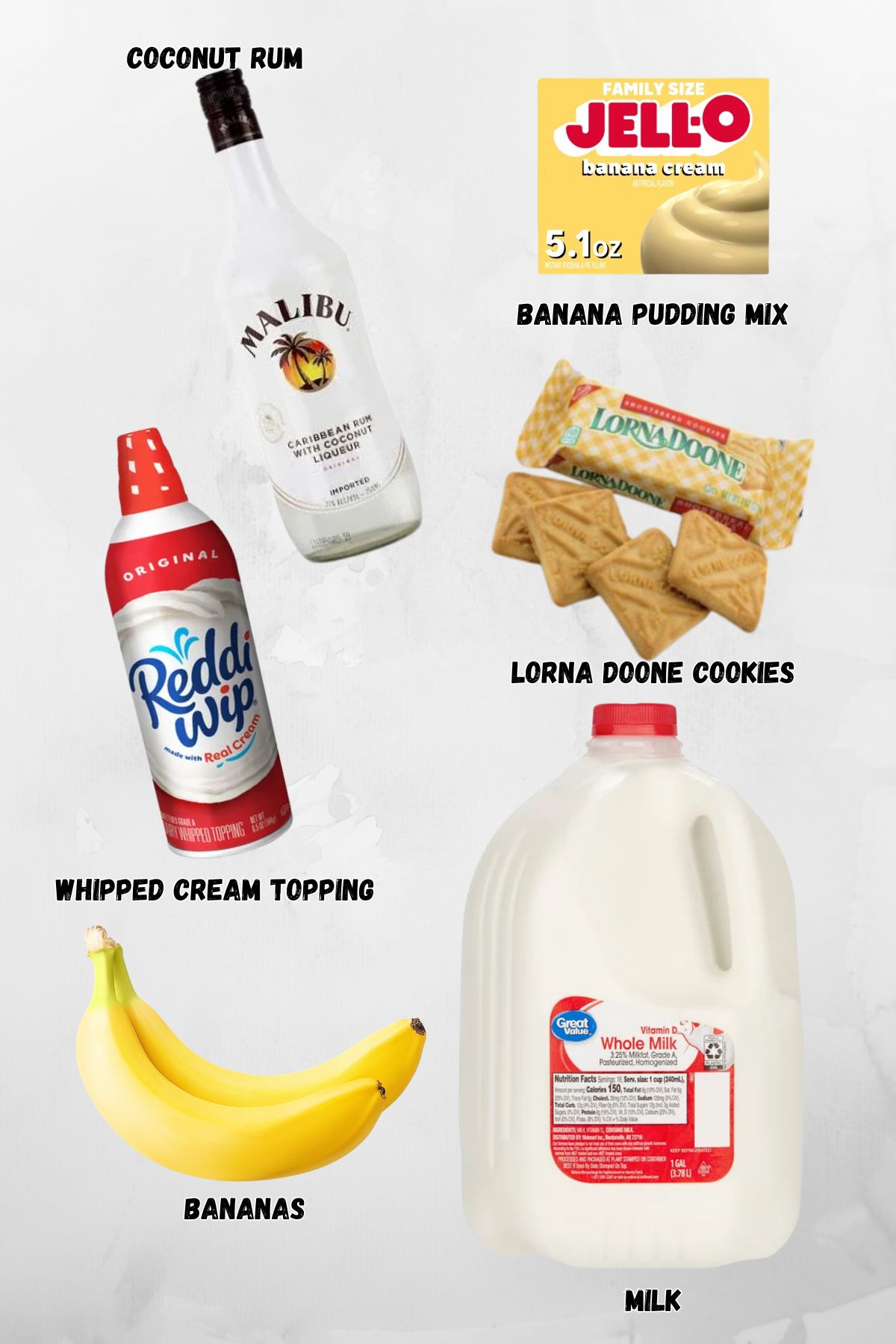 Ingredients needed to make banana pudding shots like banana pudding, cookies, rum, milk, and bananas, on a marble table, labeled. 