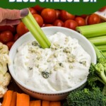 Round white bowl filled with blue cheese dip, surrounded by veggies, with a piece of celery being dipped into center.