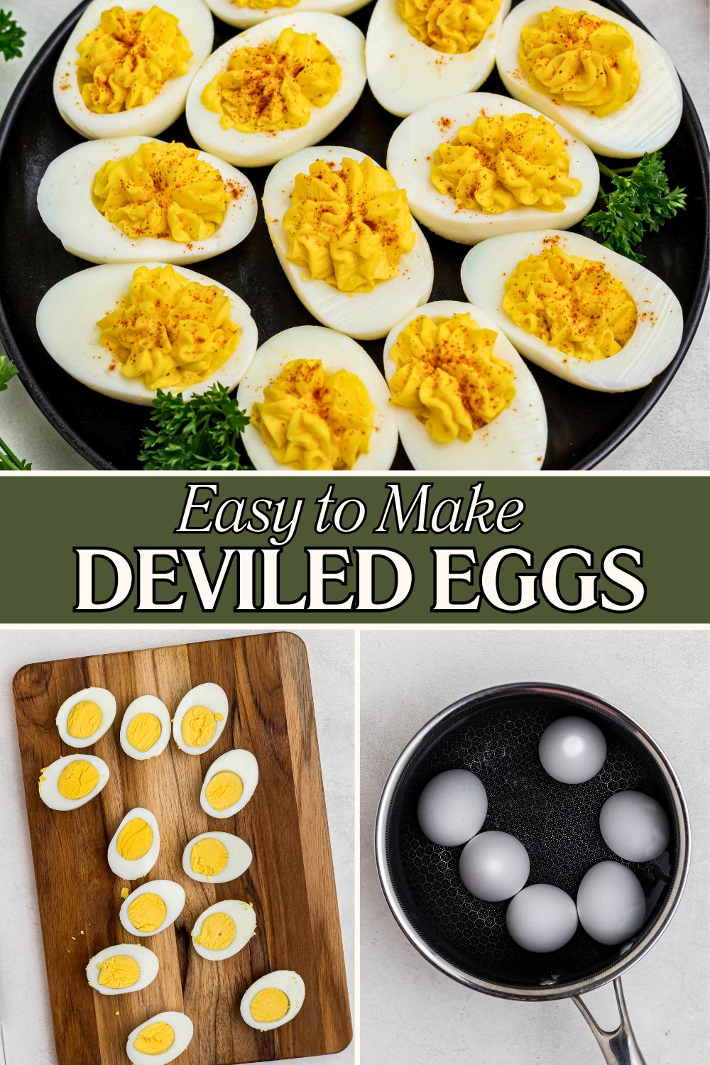 Bright white and yellow deviled eggs, sliced in half, on a round wooden serving platter with parsley garnish, and showing the eggs being filled and boiled in a pan.