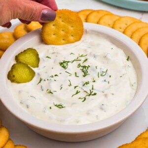Small white bowl filled with creamy white dip, topped with slices of pickles, surrounded by round crackers, and a plate of fresh vegetables.