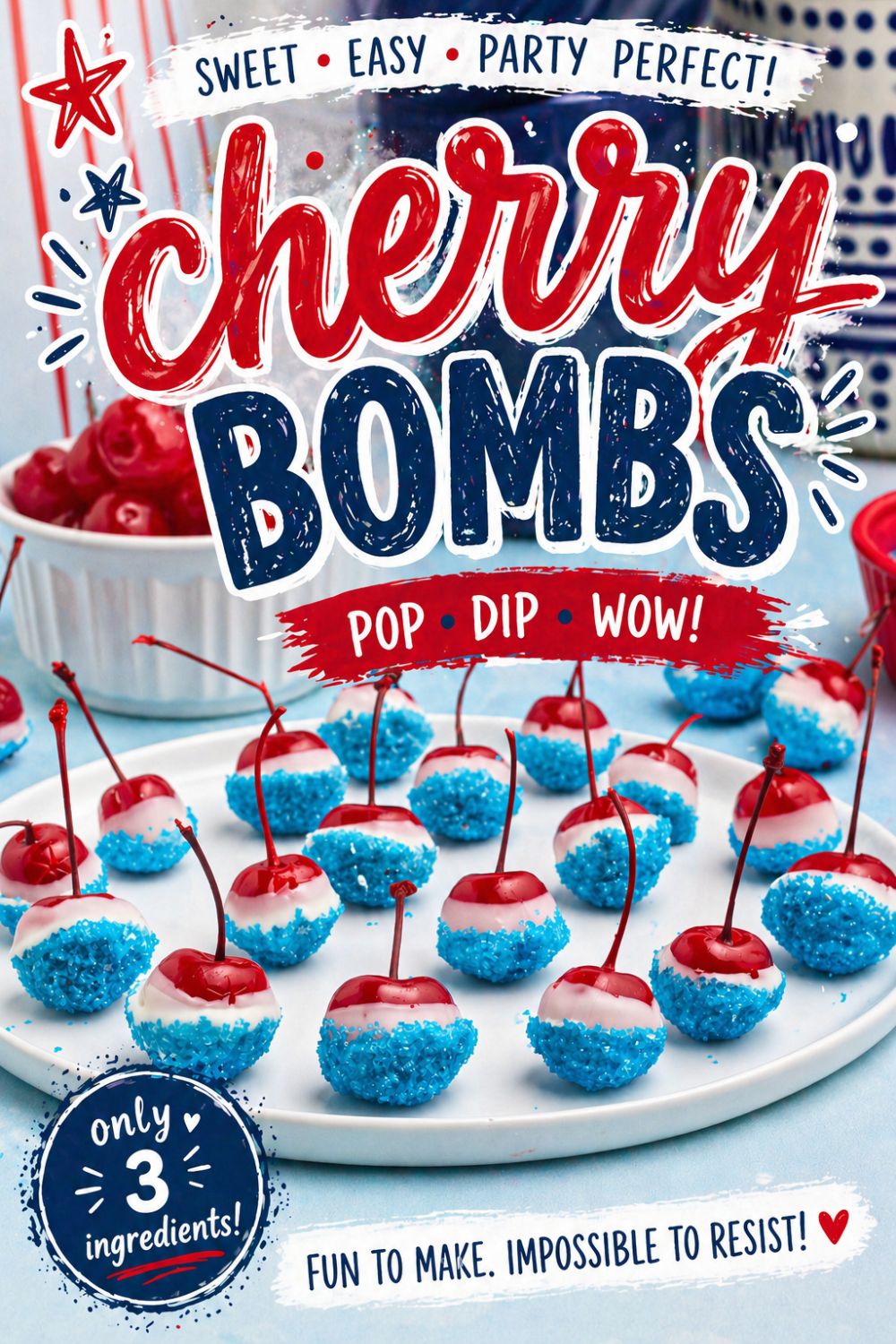 Bright red cherries coated in white chocolate and dipped in blue sanding sugar, on a white plate, with a bowl of cherries and blue coffee mugs in the background.