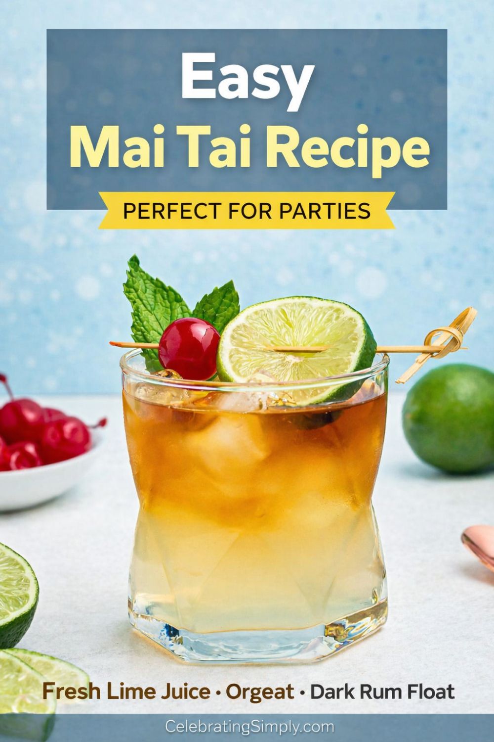 Rum and other ingredients, mixed together to make a Mai Tai, in a clear half glass, topped with a cherry and lime slice as a garnish.