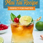 Rum and other ingredients, mixed together to make a Mai Tai, in a clear half glass, topped with a cherry and lime slice as a garnish.
