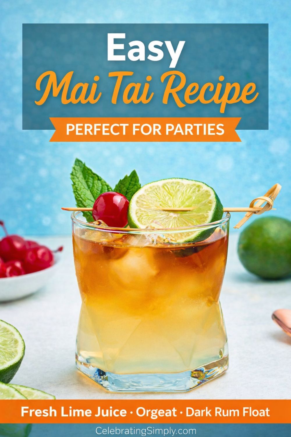 Rum and other ingredients, mixed together to make a Mai Tai, in a clear half glass, topped with a cherry and lime slice as a garnish.