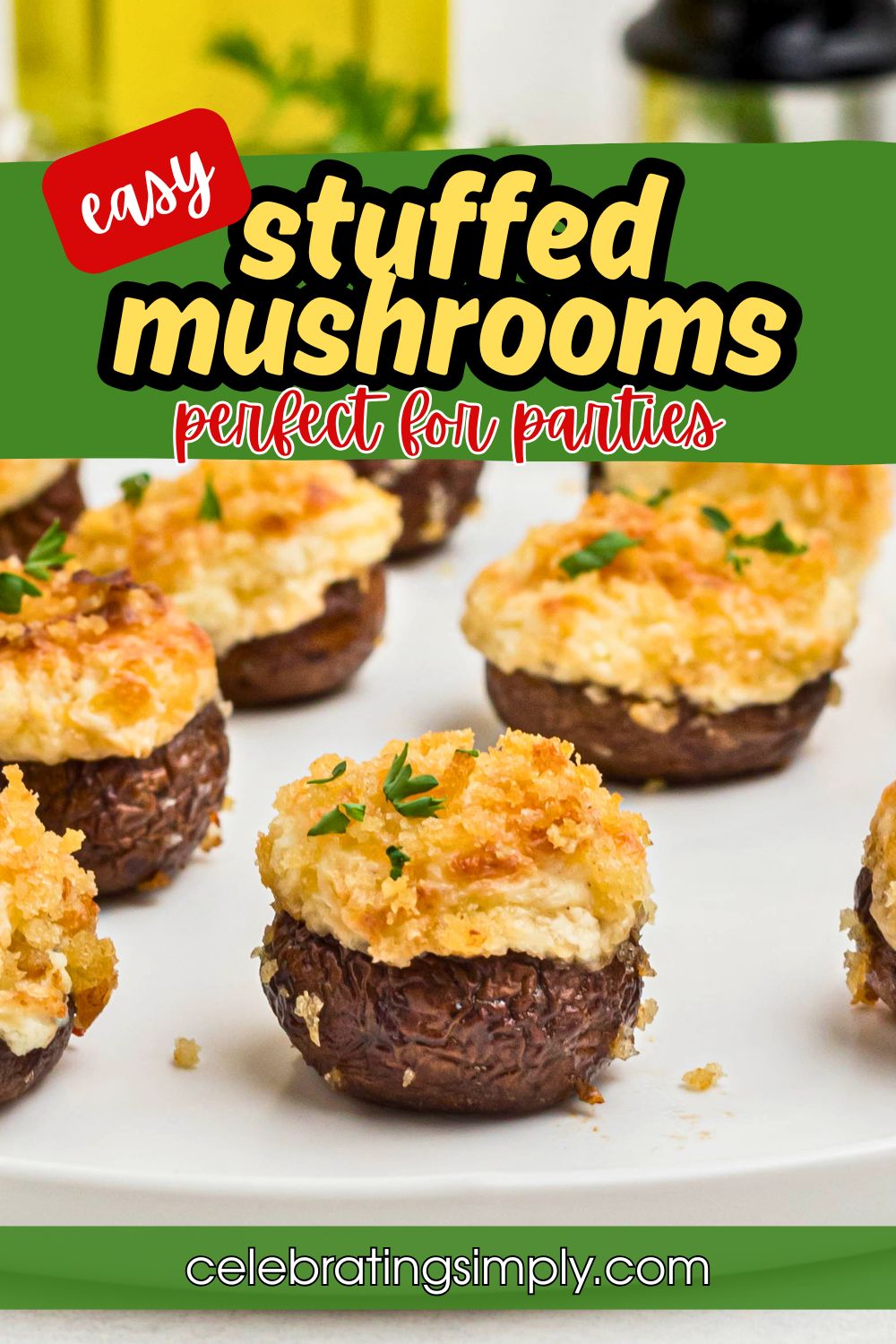Brown mushrooms topped with cream cheese mixture and breadcrumbs, on a white plate.