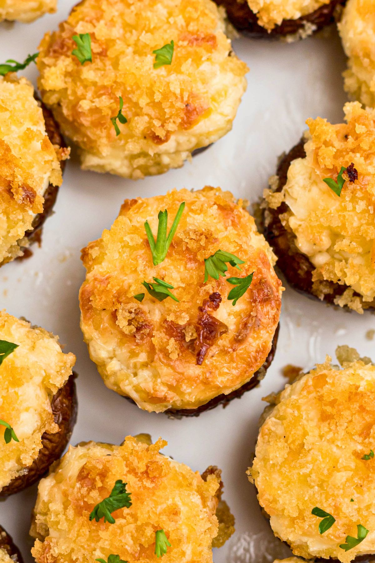 Close up image of stuffed mushrooms with parsley sprinkles garnish. 
