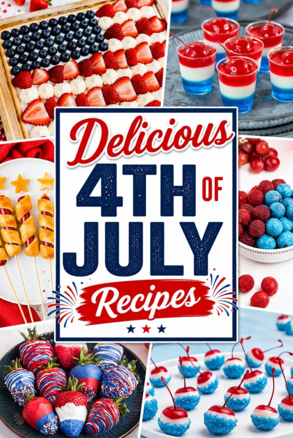 A vibrant collage features patriotic 4th of July treats: a flag fruit pizza with strawberries, blueberries, and cream, red-white-blue layered gelatin cups with cherries, candy-coated red and blue grapes, chocolate-covered strawberries decorated in patriotic colors, and firecracker hot dog skewers. A bold central text overlay reads &ldquo;Delicious 4th of July Recipes&rdquo; in red and blue.
