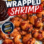 Crispy bacon wrapped around shrimp, coated with BBQ sauce mixture, on a light green plate with lemon slices and serving tongs on the table.