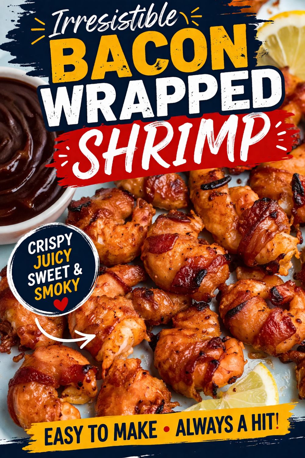 Crispy bacon wrapped around shrimp, coated with BBQ sauce mixture, on a light green plate with lemon slices and serving tongs on the table.