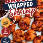 Crispy bacon wrapped around shrimp, coated with BBQ sauce mixture, on a light green plate with lemon slices and serving tongs on the table.
