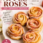 Rose shaped apples on a white plate, sprinkled with powdered sugar, with title and descriptions for holidays.