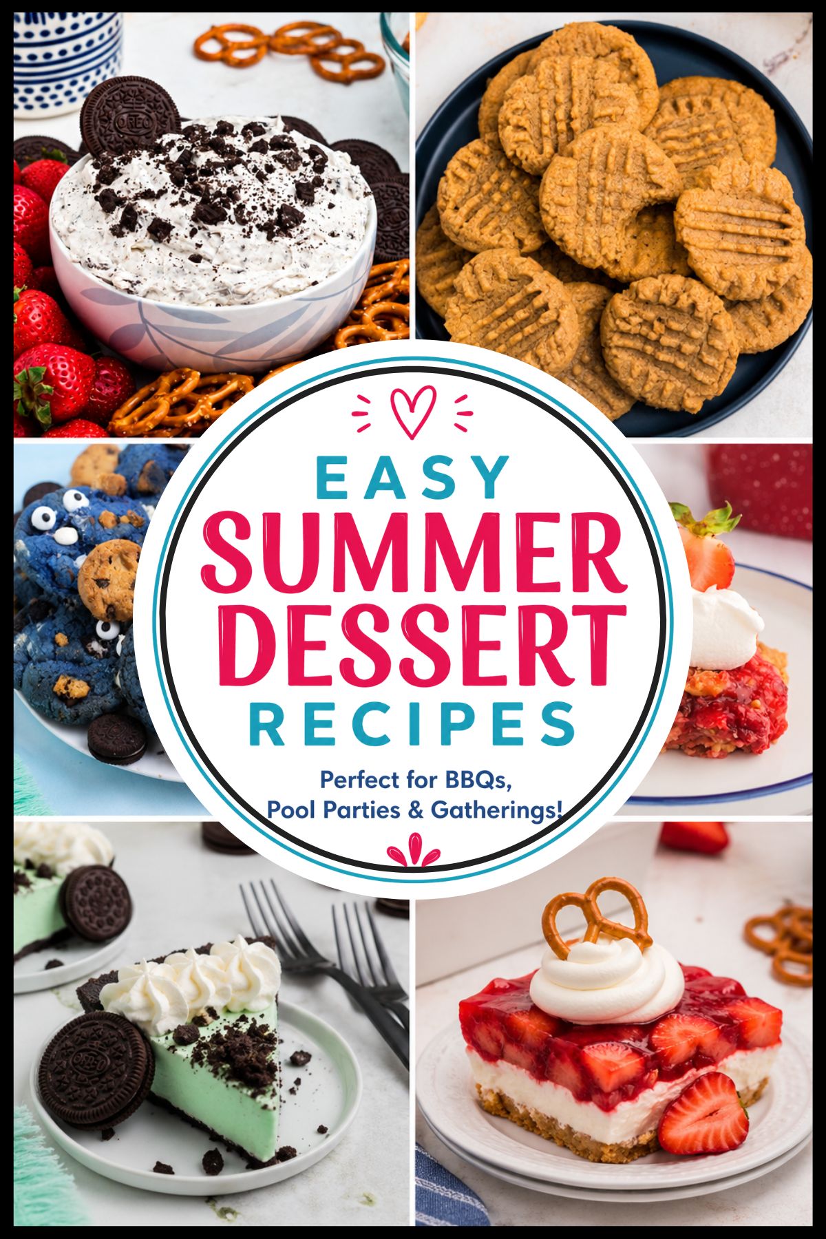 Collage of summer desserts including Oreo dip, coconut delight, grasshopper pie, strawberry dump cake, patriotic truffles, flag fruit pizza, Cookie Monster cookies, and strawberry pretzel salad.