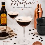 Martini glass with coffee and vodka mixture, with a frothy foam on top, on a marble table with coffee beans scattered.